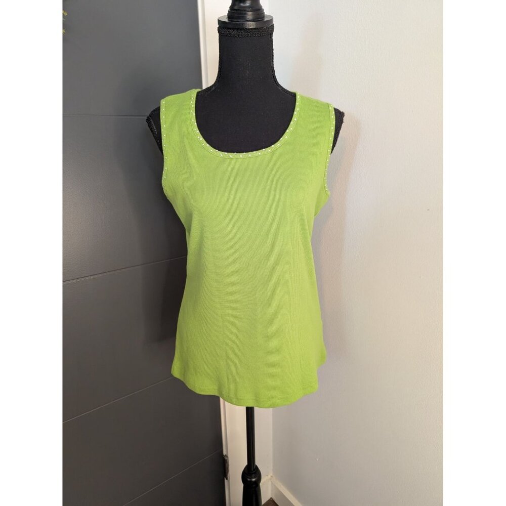 Vintage 90's Hannah Ribbed Lime Green Tank with Studded Neckline -‎ XL